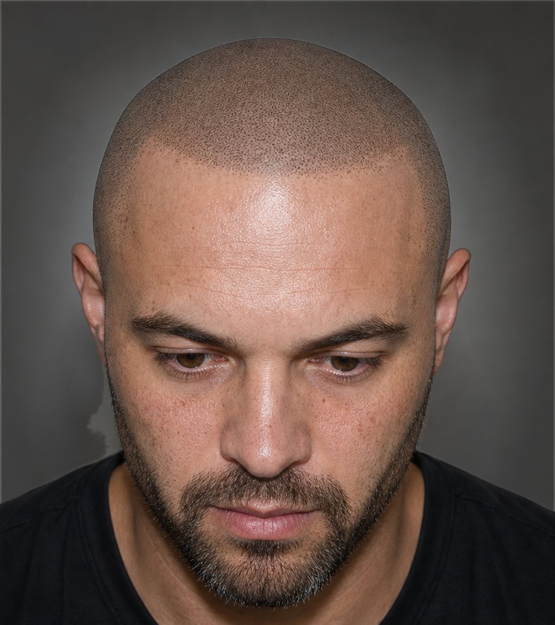 Real client of Stevey G, healed scalp micropigmentation, restored hairline, photographed in studio