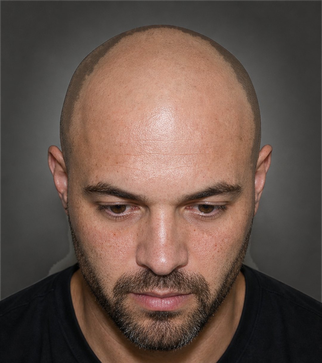 The same client before scalp micropigmentation, advanced hair loss, same pose, same studio light